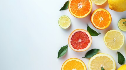 Wall Mural - Top view of fresh organic citrus fruits whole and sliced on a white background with copy space promoting Vitamin C benefits