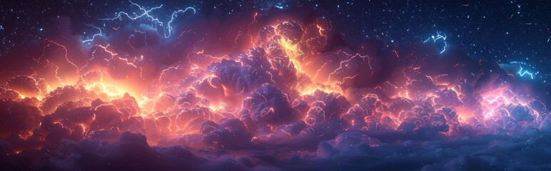 Wall Mural - A Night Sky with Fiery Lightning Storm