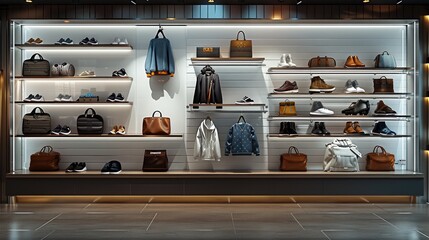 Wall Mural - A display wall of a shoe, bag and clothing store, simple and white. Generative AI.
