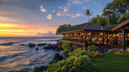 Canvas Print - a restaurant on a cliff overlooking the ocean at sunset