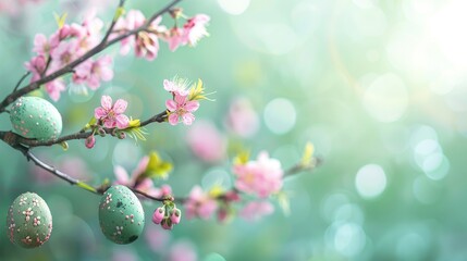 Wall Mural - Colorful Easter eggs on cherry blossom branch green background Spring and Easter celebration concept Plenty of room for text