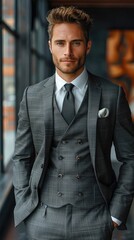 Poster - An honest and trustworthy man, standing with a confident posture, dressed in a sharp suit. His eyes reflect sincerity and his smile radiates warmth and reliability. Generative AI.