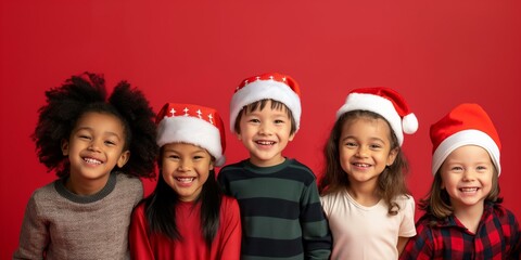 happy multiethnic children in Christmas hats