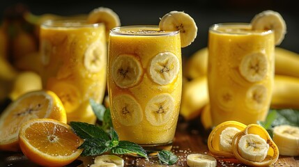 Wall Mural - Three glasses of yellow banana smoothie with sliced bananas and oranges