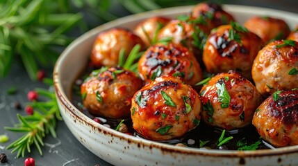 Close-up of savory meatballs drizzled with glaze and topped with fresh herbs