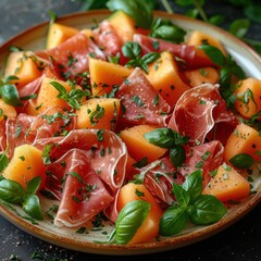 Wall Mural - Fresh cantaloupe and prosciutto salad with basil