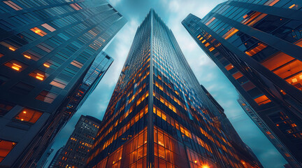 Poster - A modern skyscraper, with sleek glass and steel architecture, towering over a bustling urban street. The skyscraper is illuminated by soft, from street lamps and office windows. Generative AI.