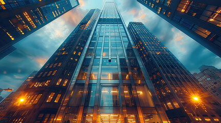 Poster - A modern skyscraper, with sleek glass and steel architecture, towering over a bustling urban street. The skyscraper is illuminated by soft, from street lamps and office windows. Generative AI.