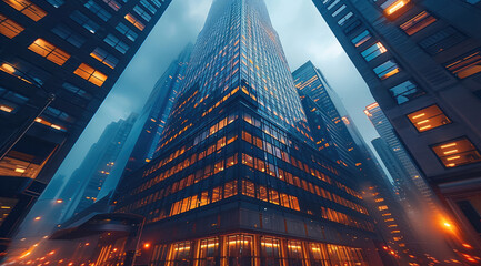 Poster - A modern skyscraper, with sleek glass and steel architecture, towering over a bustling urban street. The skyscraper is illuminated by soft, from street lamps and office windows. Generative AI.