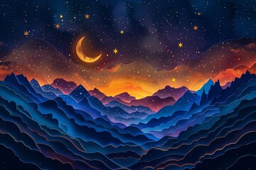Wall Mural - A stunning 3D papercut night sky with twinkling stars, a crescent moon, and layered mountain silhouettes in the foreground, Papercut, Rich hues, Subtle gradients
