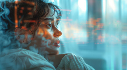 Poster - A woman, sick from work, watching tv on the couch, double exposure. Generative AI.