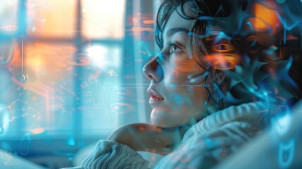 Poster - A woman, sick from work, watching tv on the couch, double exposure. Generative AI.