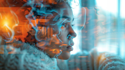 Poster - A woman, sick from work, watching tv on the couch, double exposure. Generative AI.