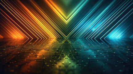 Poster - Abstract arrows direction inwards in green blue and yellow tones, studio futuristic background, 3d. Generative AI.