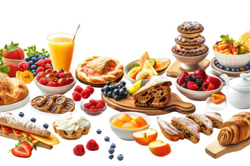 A vibrant spread of various fruits, pastries, and beverages, perfect for breakfast or brunch gatherings.