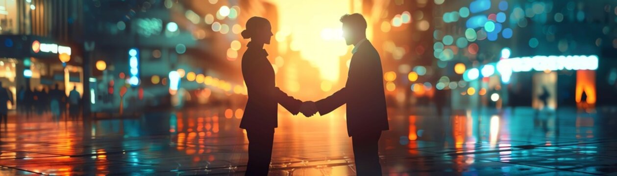 Successful Merger Two business people shaking hands with soft light effects 