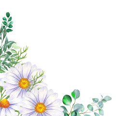 Wall Mural - Daisy flowers and Eucalyptus corner border in watercolor illustration. Wildflowers frame for wedding invitations and greeting cards.