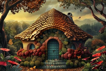 Wall Mural - Fairy tale cottage in a magical forest, whimsical elements, pastel colors, fantasy illustration