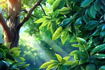 Wall Mural - Forest canopy with sunlight filtering through leaves, lush greenery, detailed, photo realism