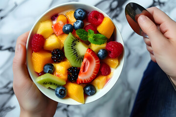 Woman's hands holding white bowl with tasty fresh fruit salad, top view