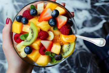 Woman's hands holding white bowl with tasty fresh fruit salad, top view