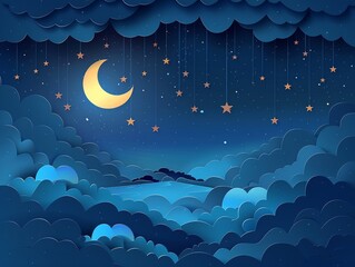 an enchanting 3d papercut illustration of a night sky with shooting stars and a luminous moon, with 