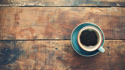 Coffee cup on wooden table with vintage effect top view photos