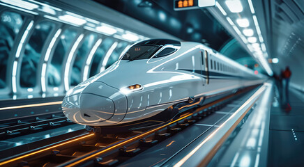 Aufkleber - A bullet train, Modern commuter train inside the railway station. Generative AI.