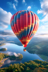 Wall Mural - Colorful hot air balloon flying over scenic landscape with hills, forests, and a serene lake under clear blue sky