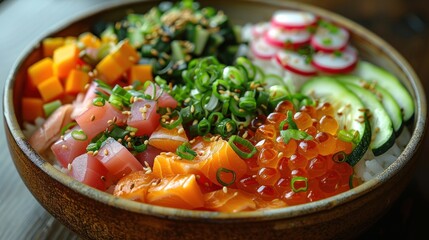 Poster - A close-up of a colorful poke bowl filled with fresh ingredients