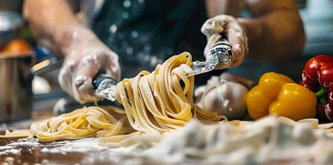 Wall Mural - Close up man's hands making homemade pasta on a black background