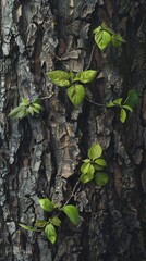 Wall Mural - Young green leaves growing on tree bark, nature close-up. Renewal and growth concept