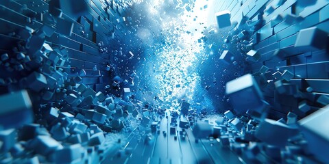 Poster - a 3d illustration of a pixel explosion from a pixel floor, blue tones. Generative AI.