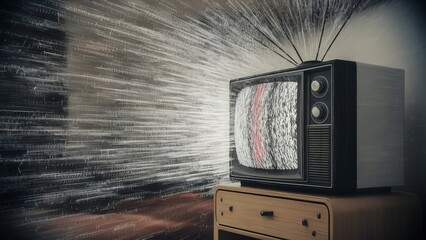 A vintage black and white television set emits a static-filled image, reminiscent of the classic 'snow' effect. The screen is dominated by a chaotic array of white, gray, and black lines