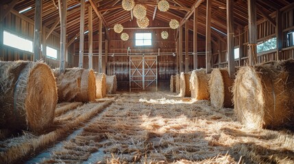 Rustic barn setting with hay bales and wooden beams, earthy tones, country style. Generative AI.