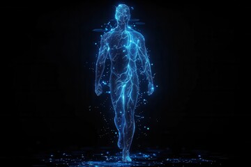 a technical wireframe render of a full human body,facing the camera, on black Background