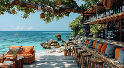 Wall Mural - A wooden outdoor tropical coffee shop with a back bar full of wine, overlooking the vast ocean, stools in front of the counter, stone floor, beautiful wooden porch, orange sofa. Generative AI.