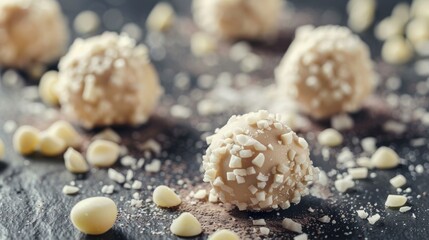 Wall Mural - Truffles with white chocolate pieces on dark surface close up Sweet background for confectionery ads