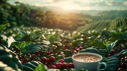 Wall Mural - A steaming cup of coffee placed in the middle of a lush coffee field, surrounded by green coffee plants and ripe coffee cherries under a bright, clear sky. Generative AI.