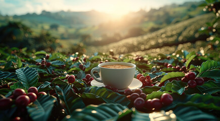 Wall Mural - A steaming cup of coffee placed in the middle of a lush coffee field, surrounded by green coffee plants and ripe coffee cherries under a bright, clear sky. Generative AI.