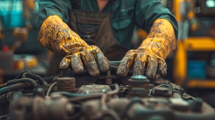 Wall Mural - This image depicts a mechanic working diligently on a car engine, wearing dirty, yellow gloves and a dark green work shirt, showcasing commitment to their craft.