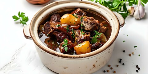 Poster - Beef oxtail stew on white background. Concept Food Photography, Oxtail Stew, White Background