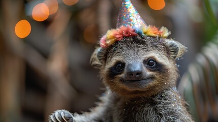 A delightful image of an adorable sloth wearing a colorful, glittery party hat with tinsel, perfectly capturing its playful and joyful spirit, set against a bokeh background.