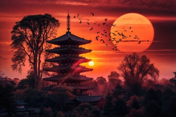 Silhouette of a traditional multi-tiered pagoda surrounded by trees at sunset, with a large, vibrant, orange-red sun and a flock of birds flying across the sky. Use for wallpaper