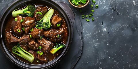 Poster - Braised oxtail stew with peanut sauce and bok choy. Concept beef, oxtail, stew, peanut sauce, bok choy, braised, comfort food