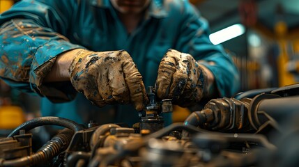 Wall Mural - A dedicated mechanic, clad in a blue uniform and gloves, is shown tightening bolts on a vehicle engine part in an automotive workshop filled with various mechanical components.