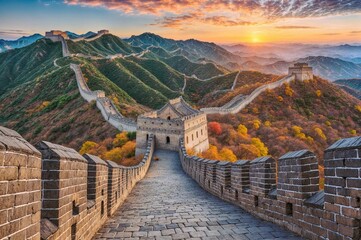 Wall Mural - the great wall of china is surrounded by mountains and trees in autumn. 