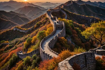 Wall Mural - the great wall of china is surrounded by mountains and trees in autumn. 