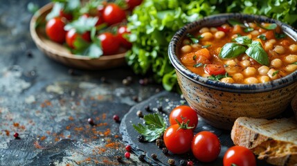 Poster - Rustic bowl of white bean soup with herbs, tomatoes, and bread