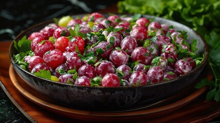 Wall Mural - A bowl of red grapes with a creamy dressing and parsley garnish